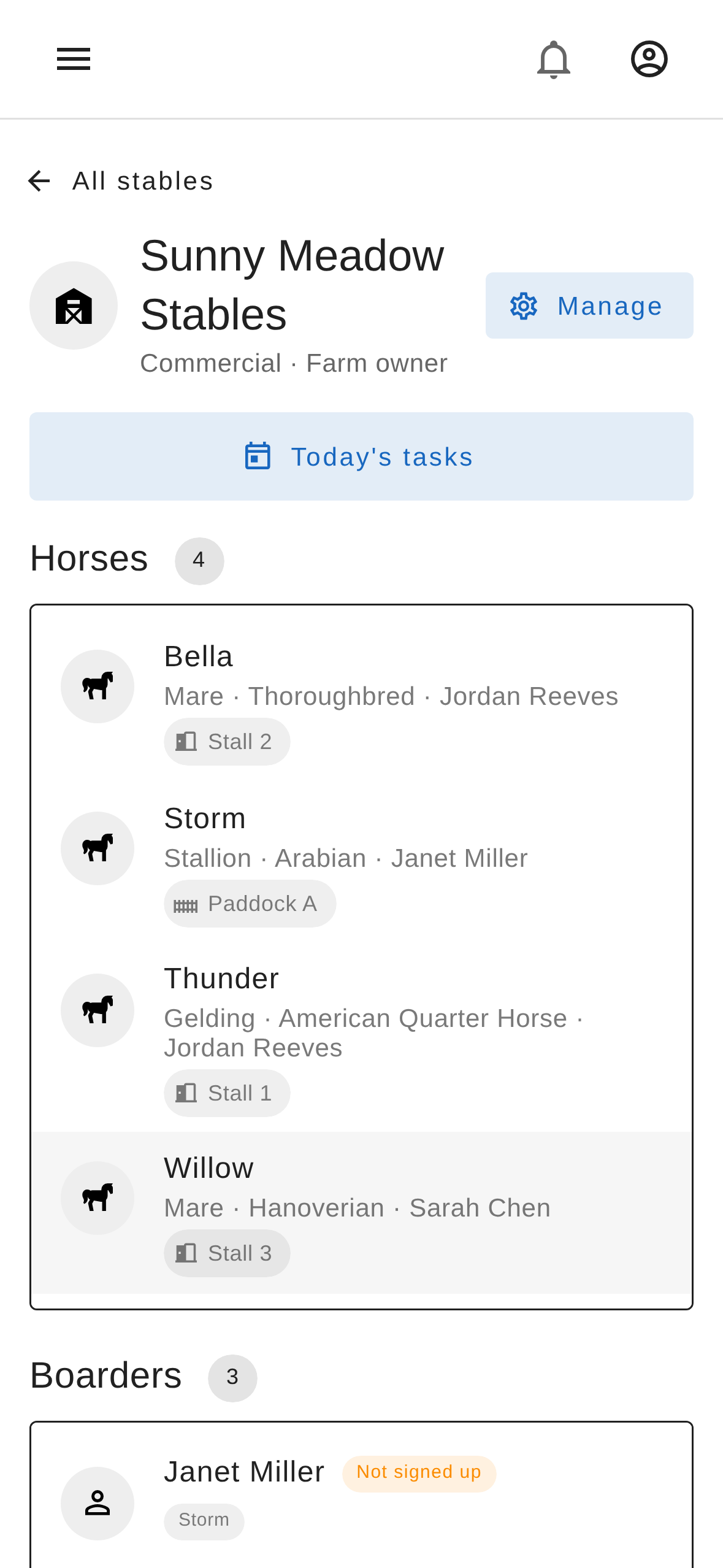 StableUp stable home screen with a progress bar, overdue routines, and warnings about horses with no activity