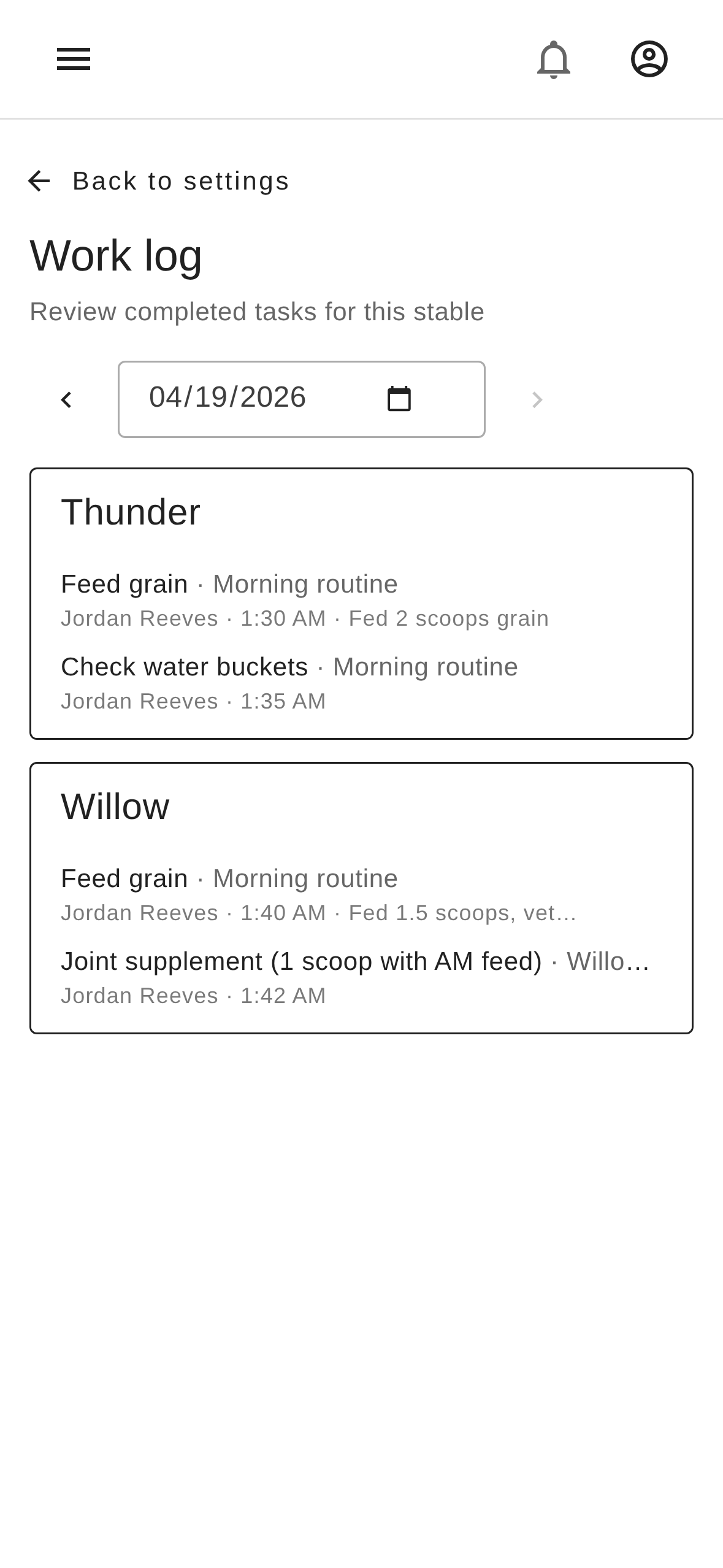 StableUp work log filtered by horse, showing every task ever completed